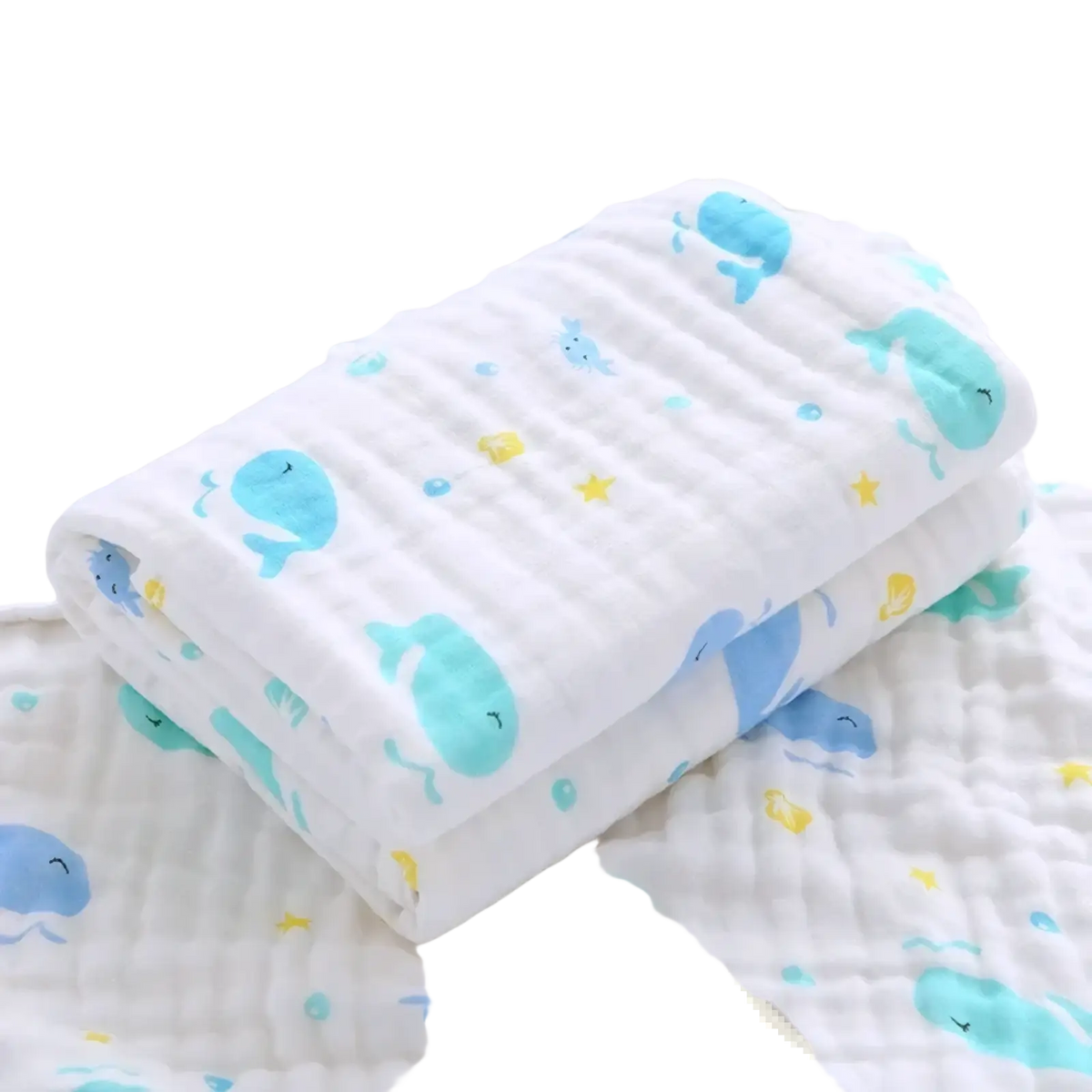 Baby bath towel pure cotton gauze swaddle blanket in white with light blue and teal whale pattern and yellow stars