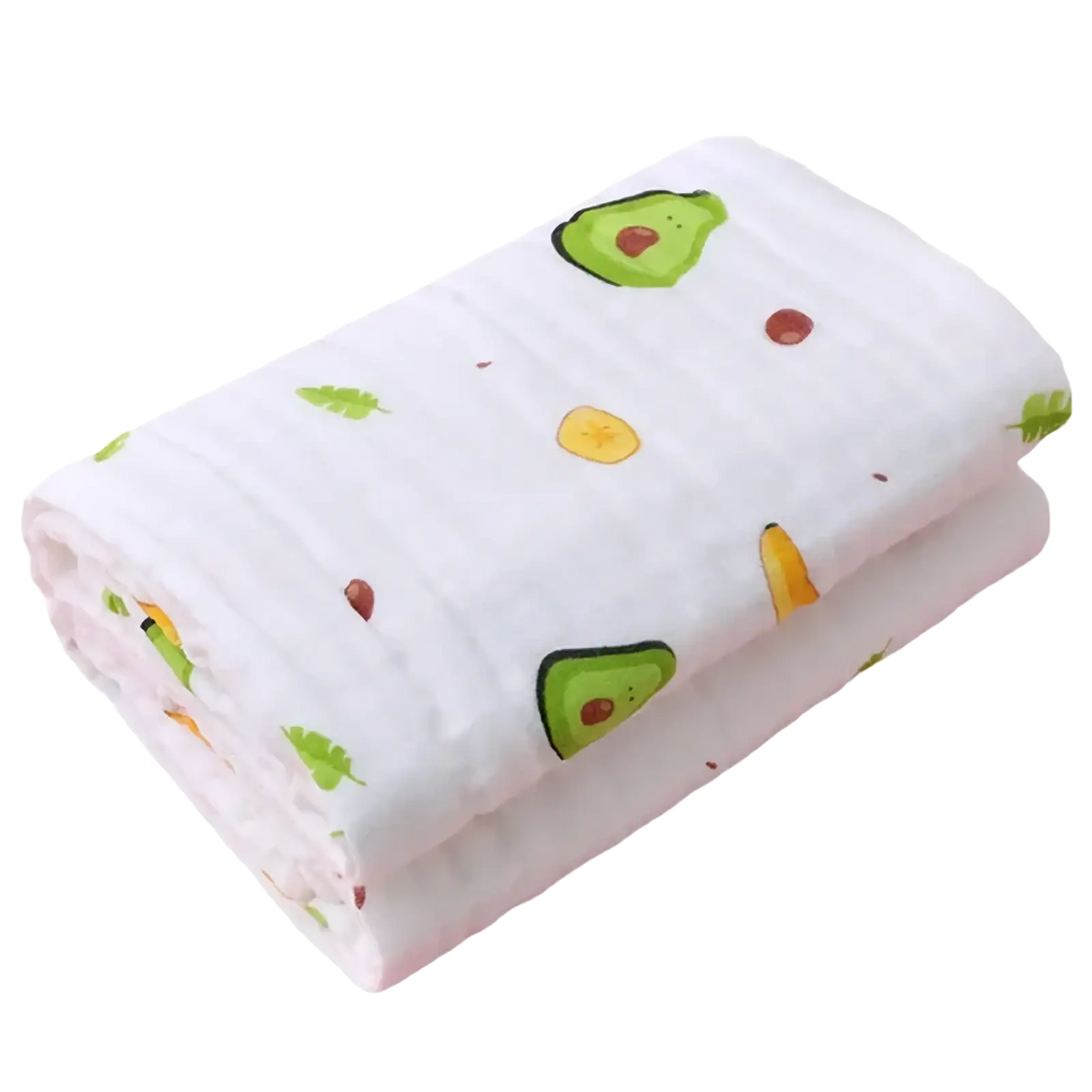 White four-layer muslin baby bath towel swaddle blanket with avocado and leaf pattern in green yellow and red cotton gauze