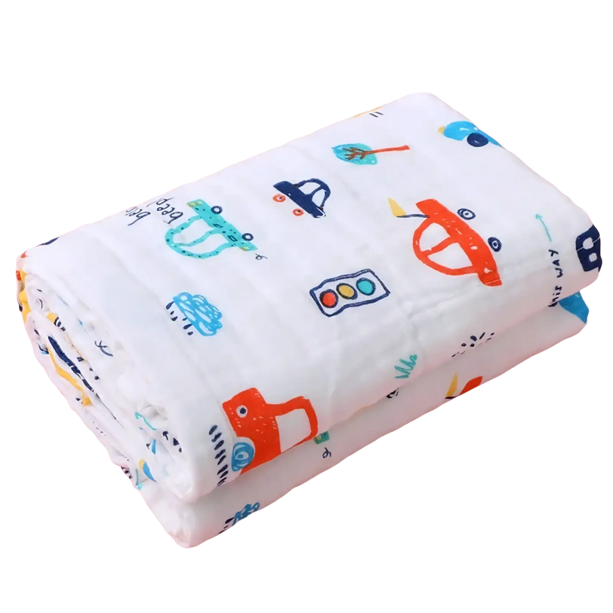 Baby bath towel pure cotton gauze swaddle blanket in white with colorful cartoon cars traffic lights and road signs