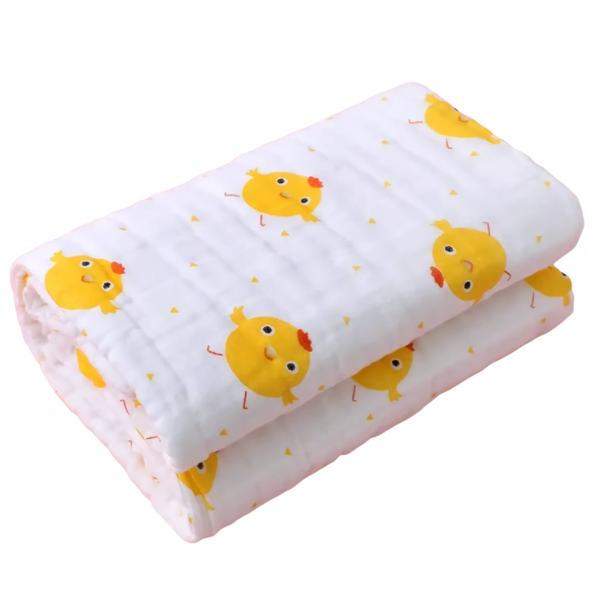 White muslin baby bath towel pure cotton gauze swaddle blanket with yellow cartoon chicks and gold triangles pattern