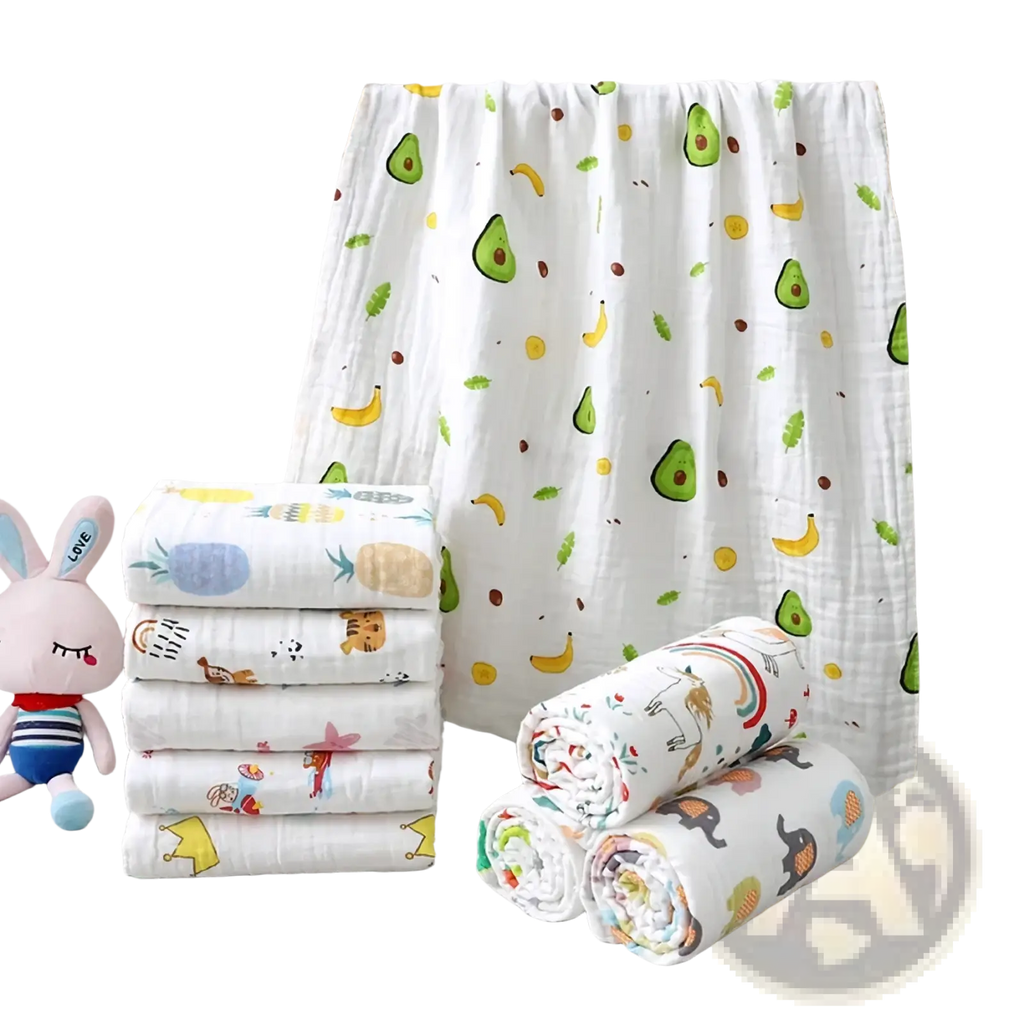 White muslin baby bath towel pure cotton gauze swaddle blanket with colorful avocado banana and animal prints