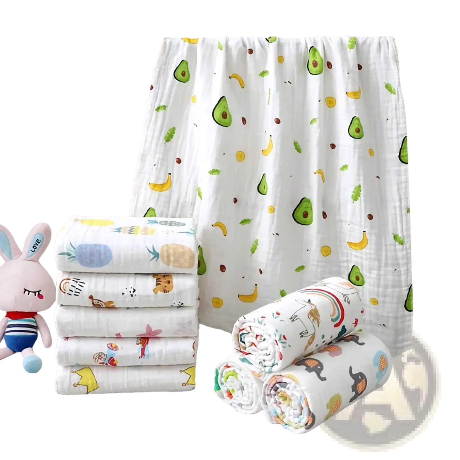 White muslin baby bath towel pure cotton gauze swaddle blanket with colorful avocado banana and animal prints