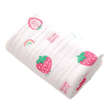 White cotton gauze baby bath towel swaddle blanket with pink and green strawberry prints and embroidered text
