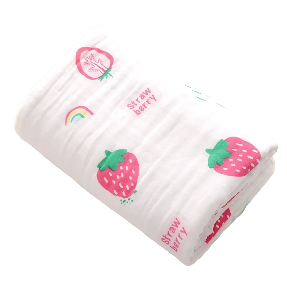 White cotton gauze baby bath towel swaddle blanket with pink and green strawberry prints and embroidered text