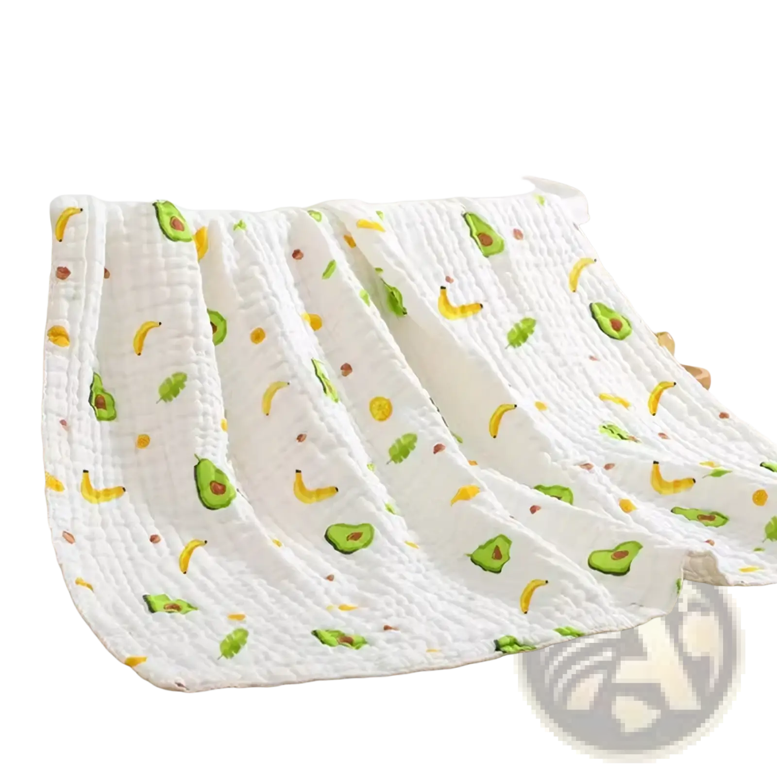 White quilted cotton gauze burp cloth with green avocado and yellow banana pattern for baby bath and swaddle use