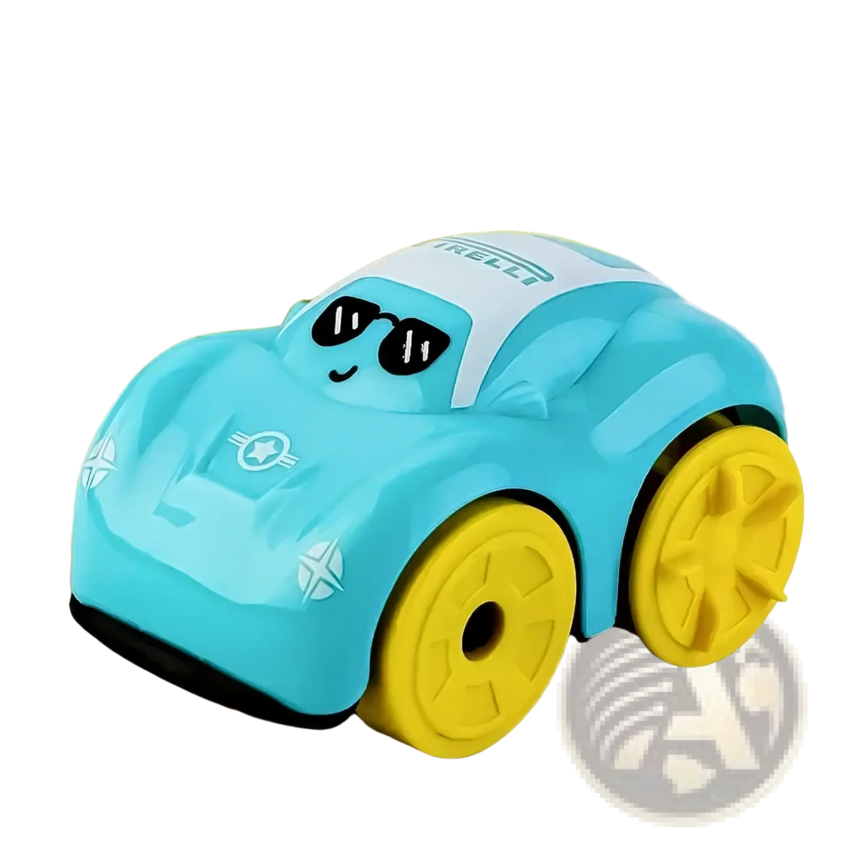 A turquoise-blue baby bath toy car with yellow wheels white roof and cartoon sunglasses for floating water play