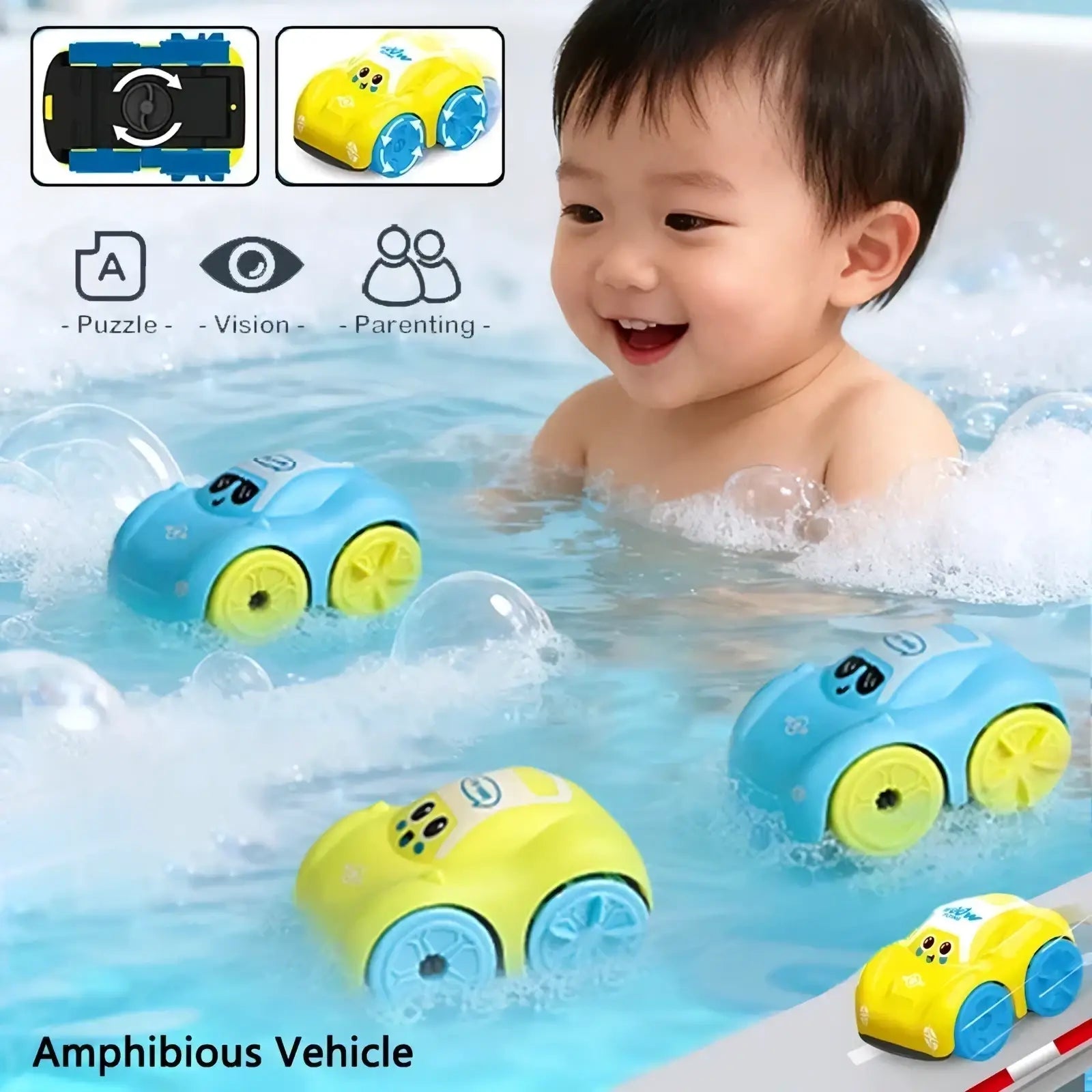 Bright yellow and blue plastic baby bath toy car with cartoon faces designed as floating amphibious vehicles