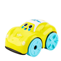 A bright yellow plastic baby bath toy car with blue wheels and a white hood featuring cartoon eyes for water play