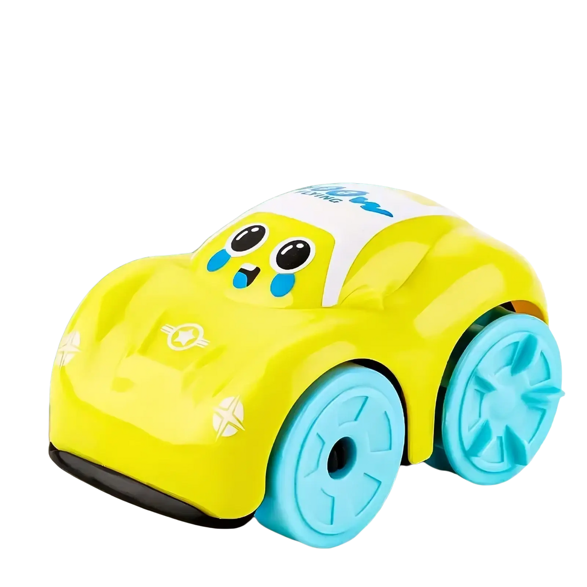 A bright yellow plastic baby bath toy car with blue wheels and a white hood featuring cartoon eyes for water play