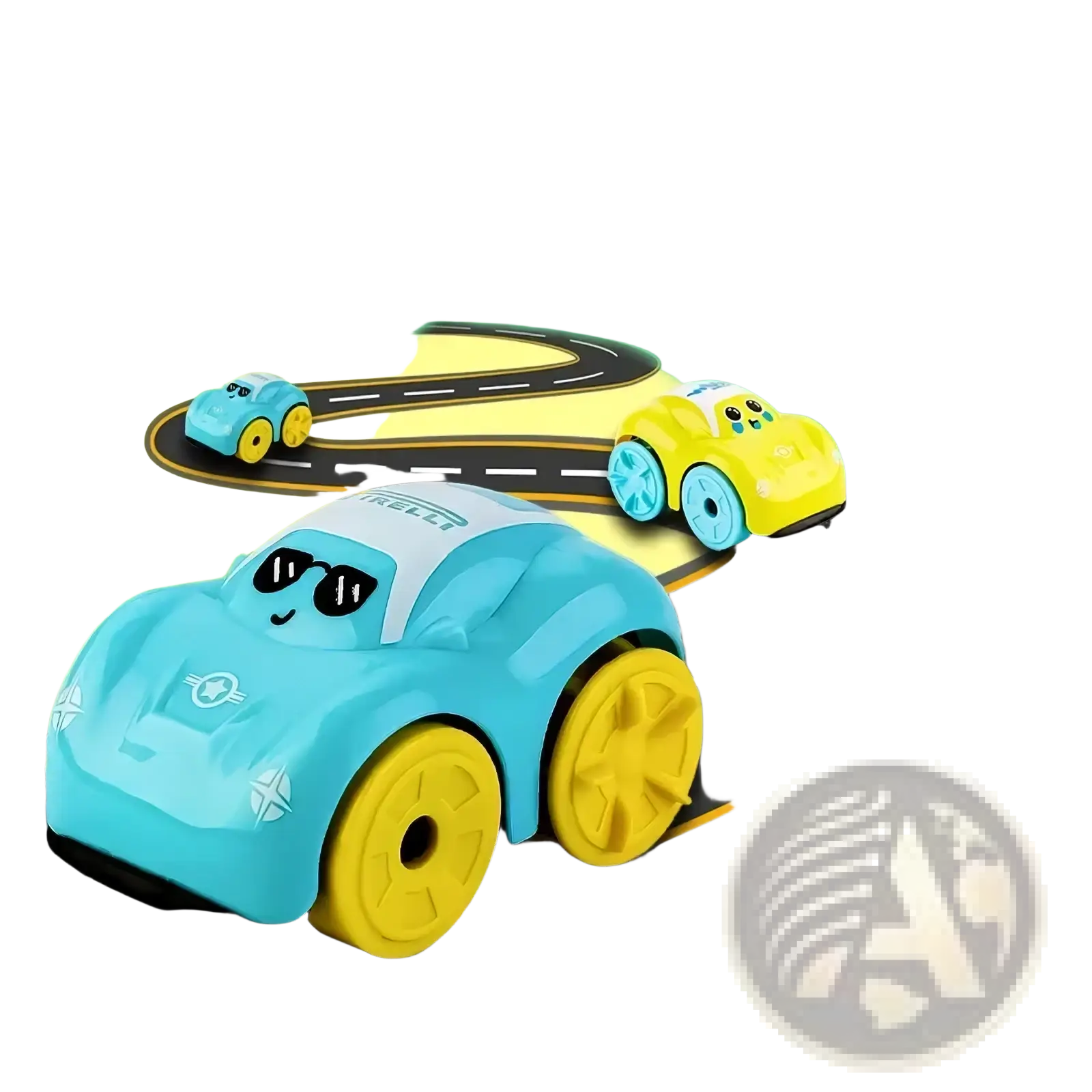 A turquoise baby bath toy car with yellow wheels and black sunglasses designed for floating water play