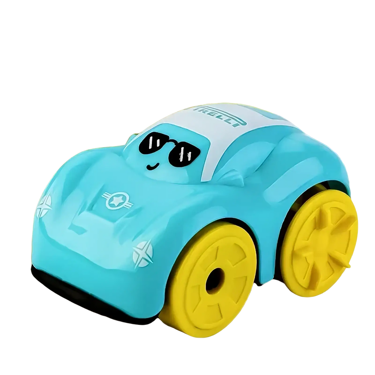 A turquoise-blue baby bath toy car with yellow wheels white roof and cartoon sunglasses for floating water play