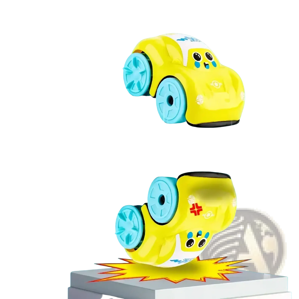 Yellow toy ambulance baby bath toy car with light blue wheels and cartoon face for floating water play