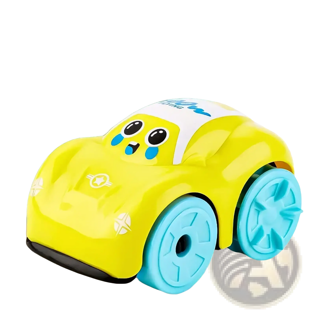 A bright yellow plastic baby bath toy car with blue wheels and a white hood featuring cartoon eyes for water play