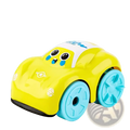 A bright yellow plastic baby bath toy car with blue wheels and a white hood featuring cartoon eyes for water play
