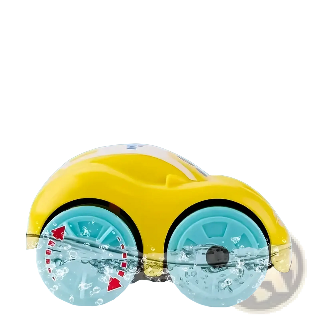Yellow plastic baby bath toy car with turquoise wheels and sleek rounded design for floating water play