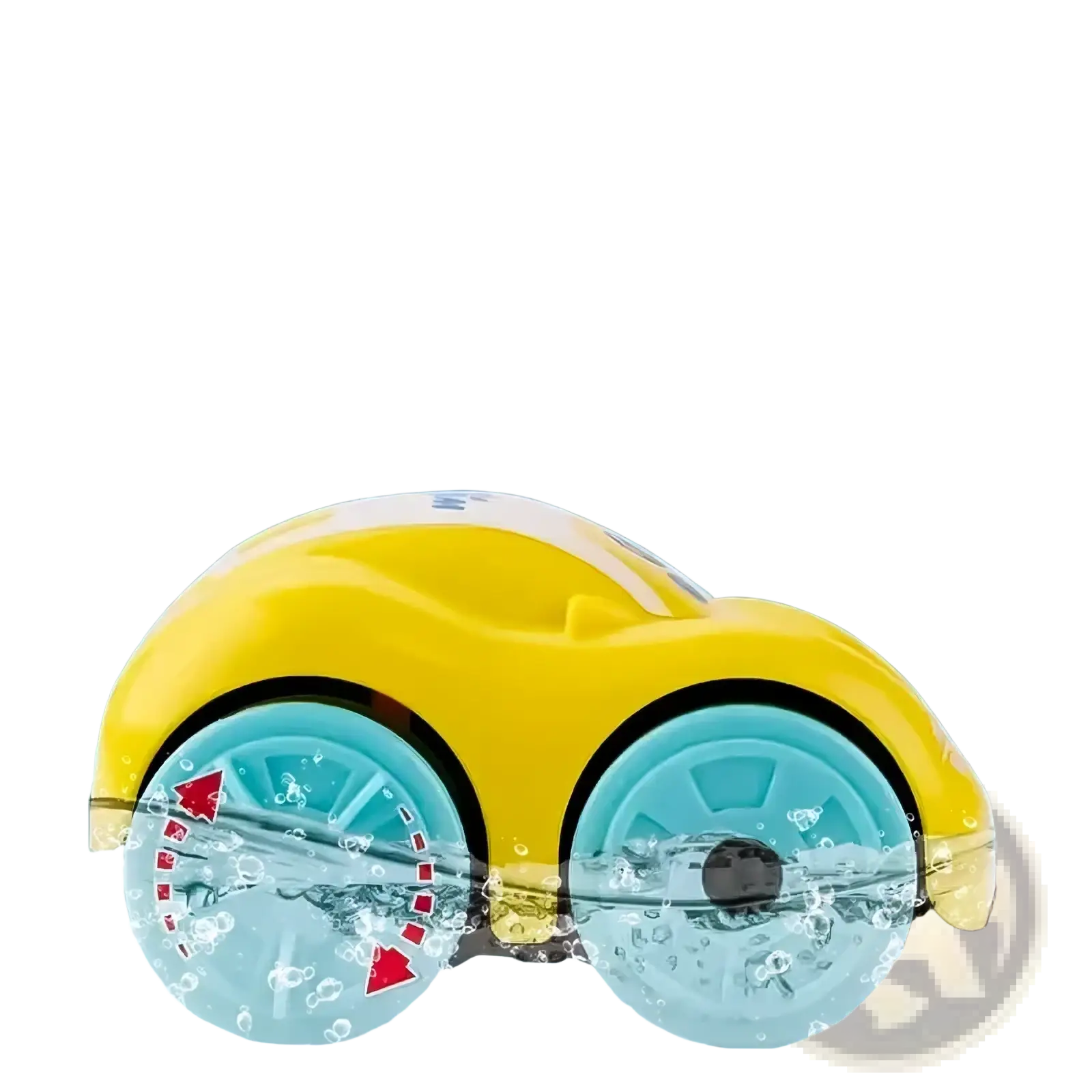 Yellow plastic baby bath toy car with turquoise wheels and sleek rounded design for floating water play