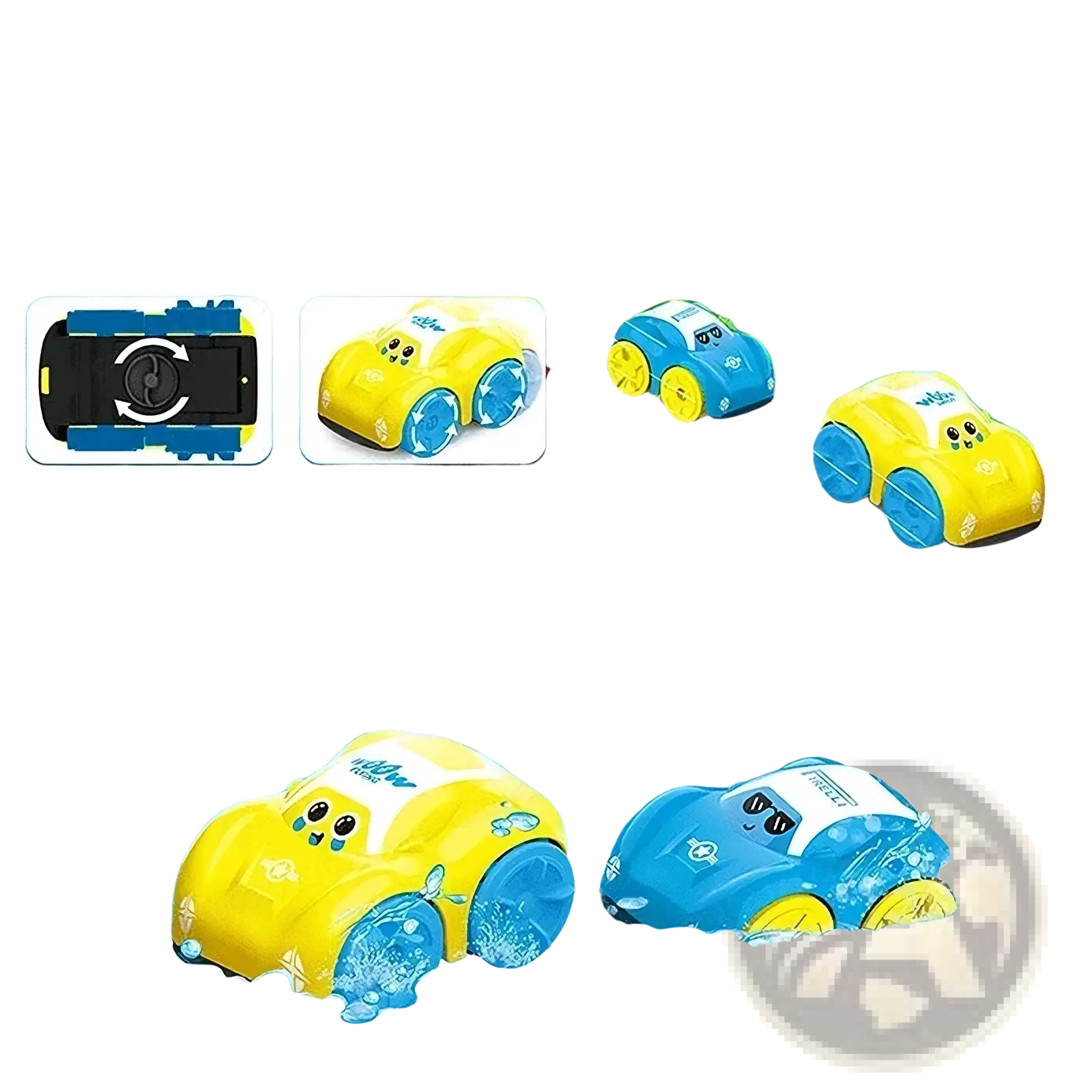 Yellow and blue plastic baby bath toy cars with cartoon faces floating water play amphibious vehicles