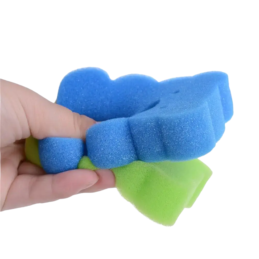 Baby bear bath sponge soft foam shower brush in blue and green with a cloud-like shape for gentle cleansing