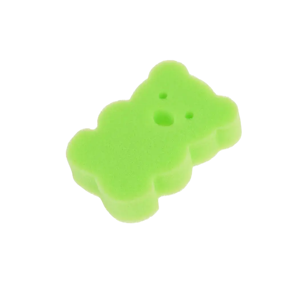 A bright lime green baby bear bath sponge made of soft porous foam with small holes for eyes and nose
