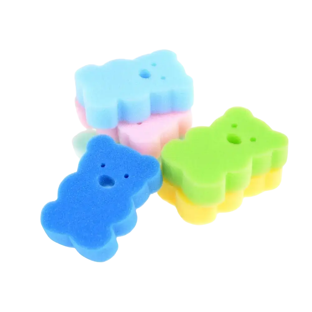Colorful baby bear bath sponges in blue pink green and yellow made of soft foam for gentle shower use