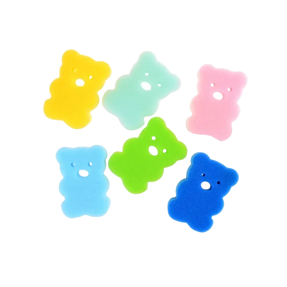 Colorful silicone bear-shaped baby bear bath sponges in yellow light blue pink green and dark blue soft foam shower brushes