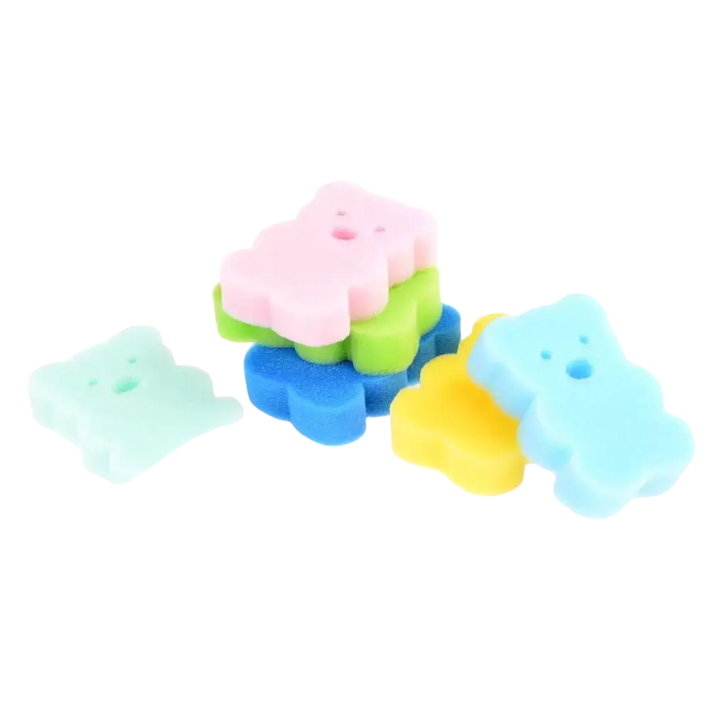 Pastel-colored bear-shaped baby bear bath sponges made of soft foam material for gentle shower use