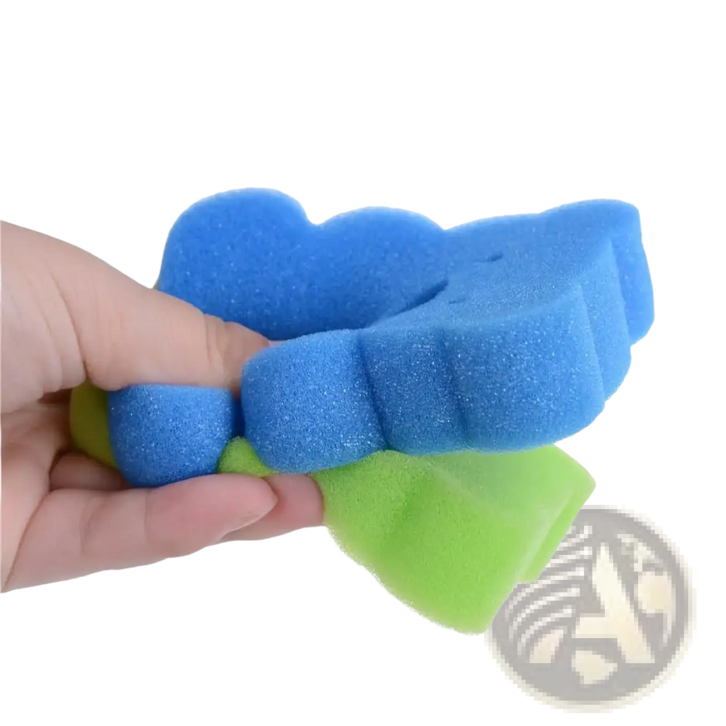 Baby bear bath sponge soft foam shower brush in blue and green with a cloud-like shape for gentle cleansing