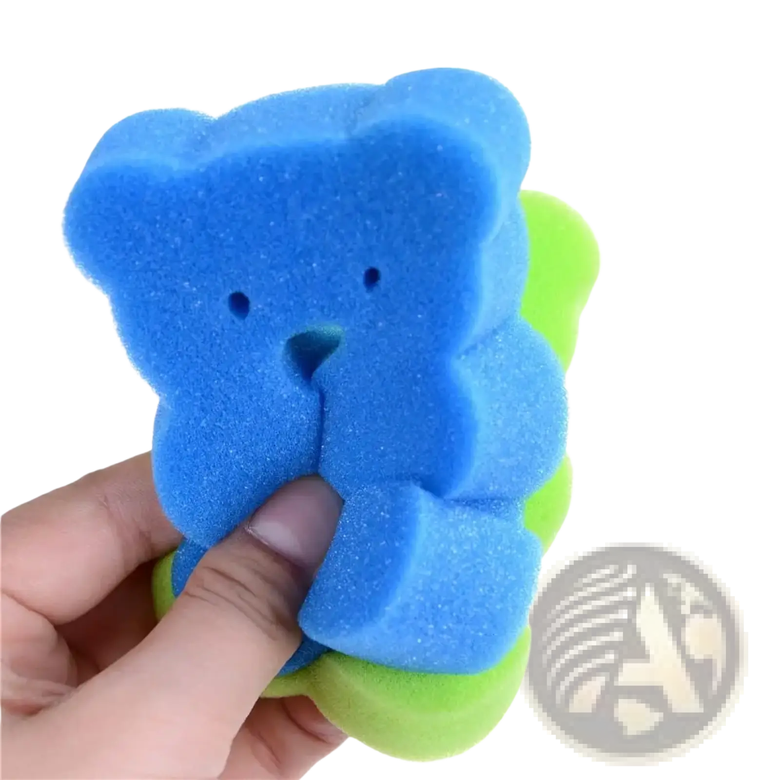 Blue foam baby bear bath sponge with soft foam texture black dot eyes and blue triangular nose for gentle shower use
