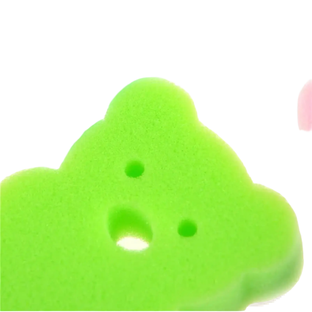 Bright green baby bear bath sponge made of soft foam shaped like a cloud with eye and mouth holes for gentle shower use