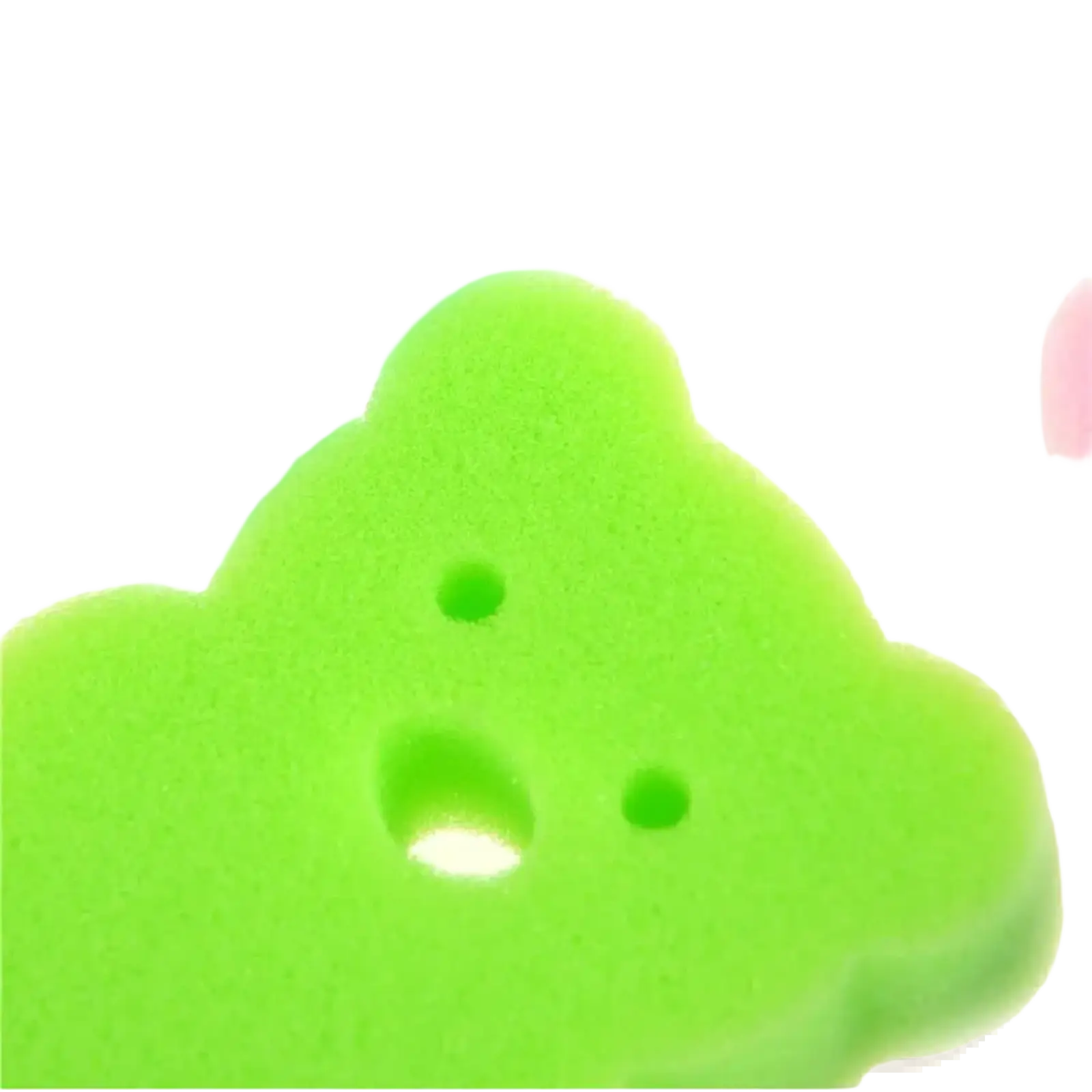Bright green baby bear bath sponge made of soft foam shaped like a cloud with eye and mouth holes for gentle shower use