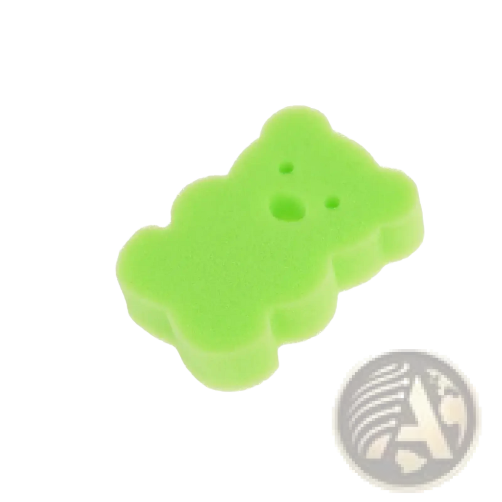 A bright lime green baby bear bath sponge made of soft porous foam with small holes for eyes and nose