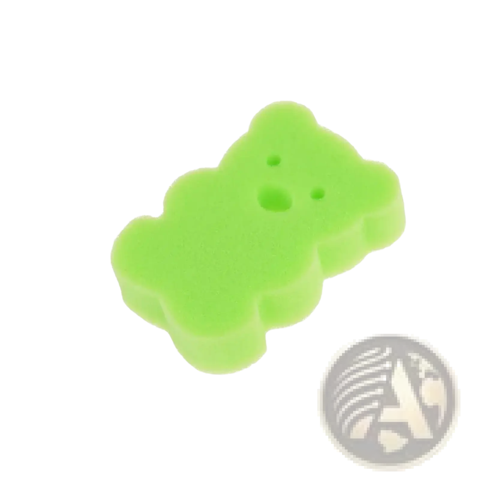 A bright lime green baby bear bath sponge made of soft porous foam with small holes for eyes and nose