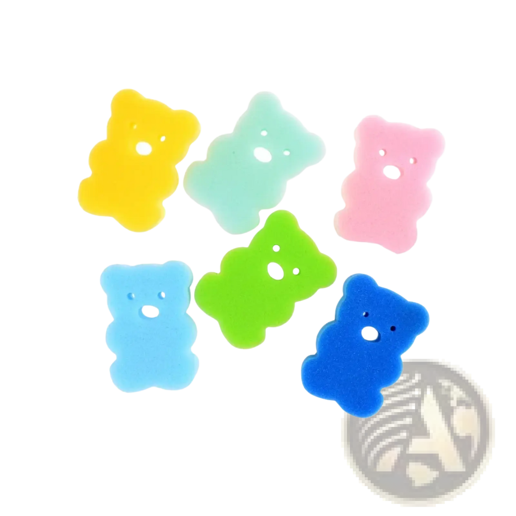 Colorful silicone bear-shaped baby bear bath sponges in yellow light blue pink green and dark blue soft foam shower brushes