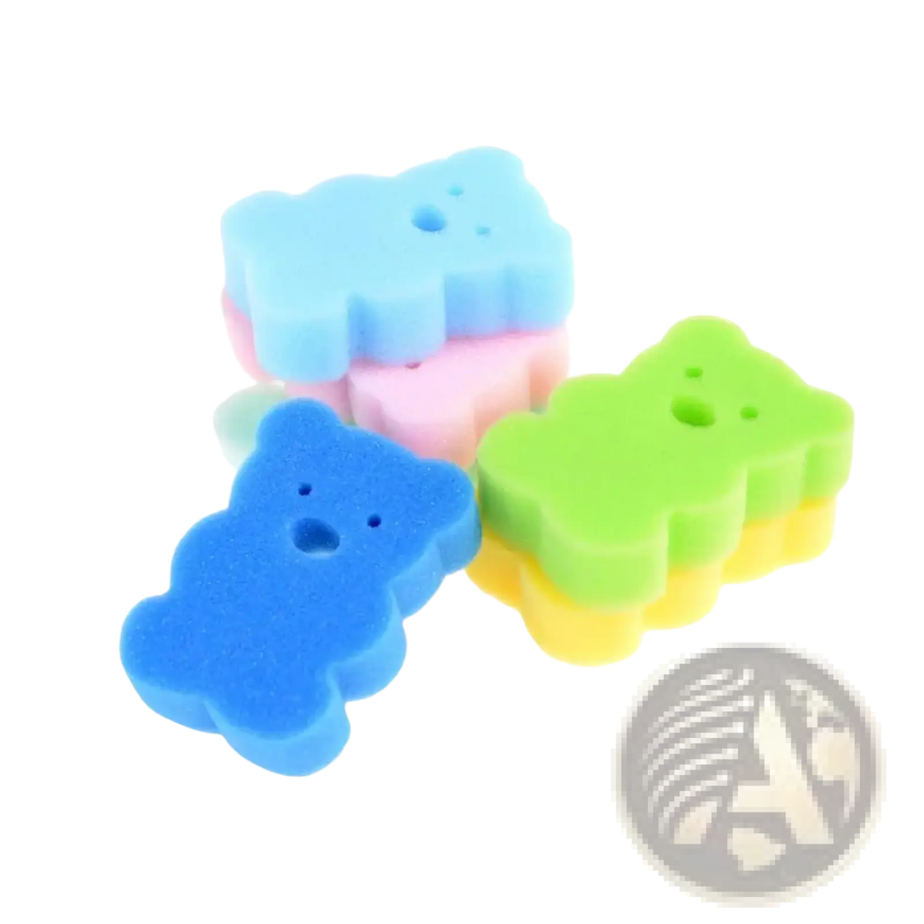 Colorful baby bear bath sponges in blue pink green and yellow made of soft foam for gentle shower use