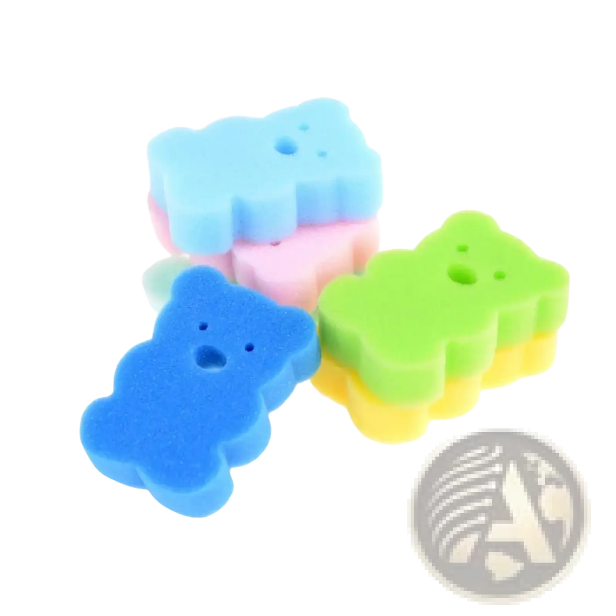 Colorful baby bear bath sponges in blue pink green and yellow made of soft foam for gentle shower use
