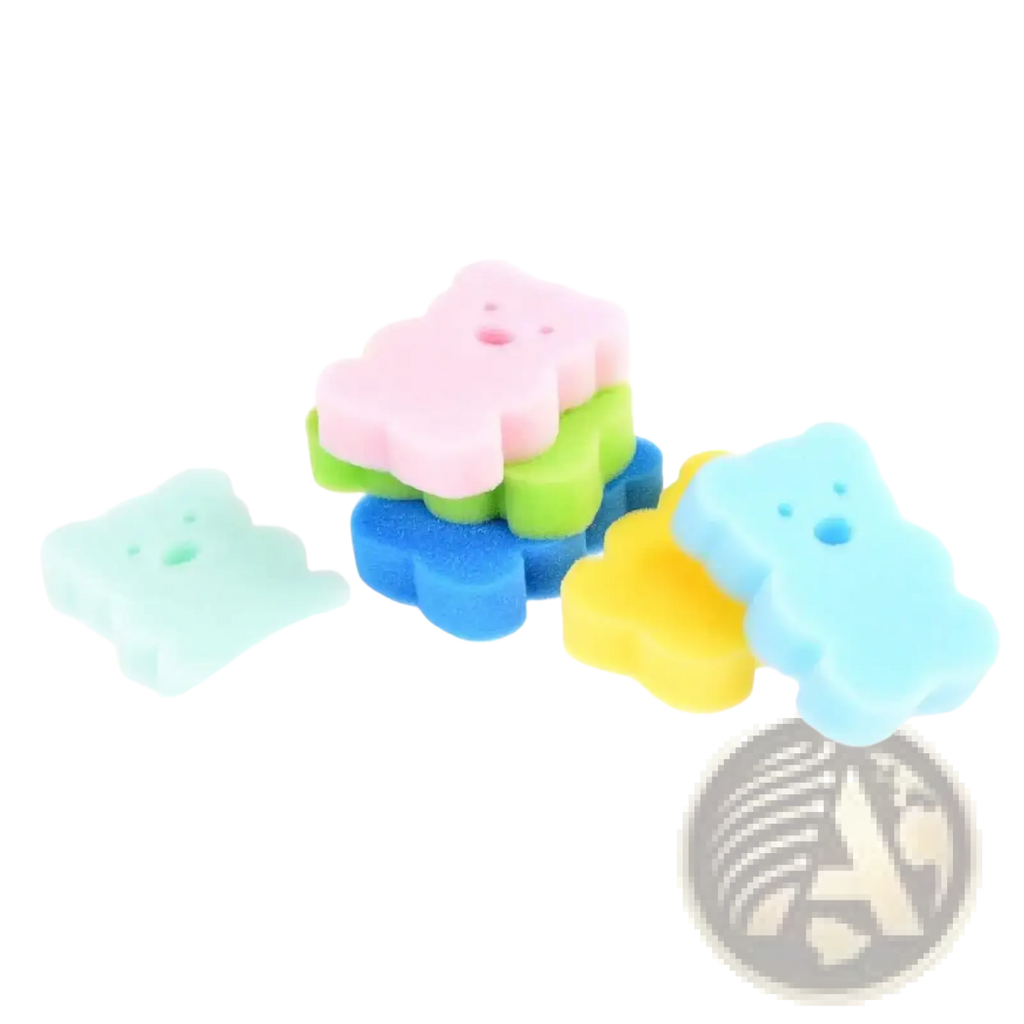 Pastel-colored bear-shaped baby bear bath sponges made of soft foam material for gentle shower use
