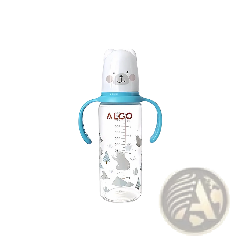 Baby bottle 240ml with clear plastic body, blue handles, and white bear-shaped lid with gray polar bear illustrations