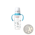 Baby bottle 240ml with clear plastic body, blue handles, and white bear-shaped lid with gray polar bear illustrations