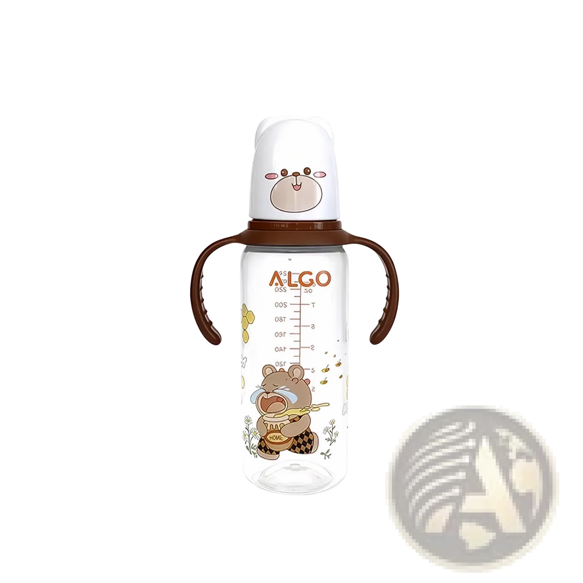 Baby bottle 240ml clear plastic with brown handles and white bear-shaped cap featuring cartoon honeybear illustrations