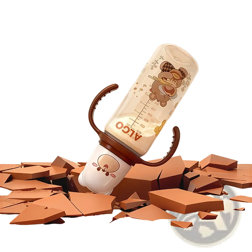 Clear glass baby bottle 240ml with brown handles white base cartoon bears and alco brand name on the side