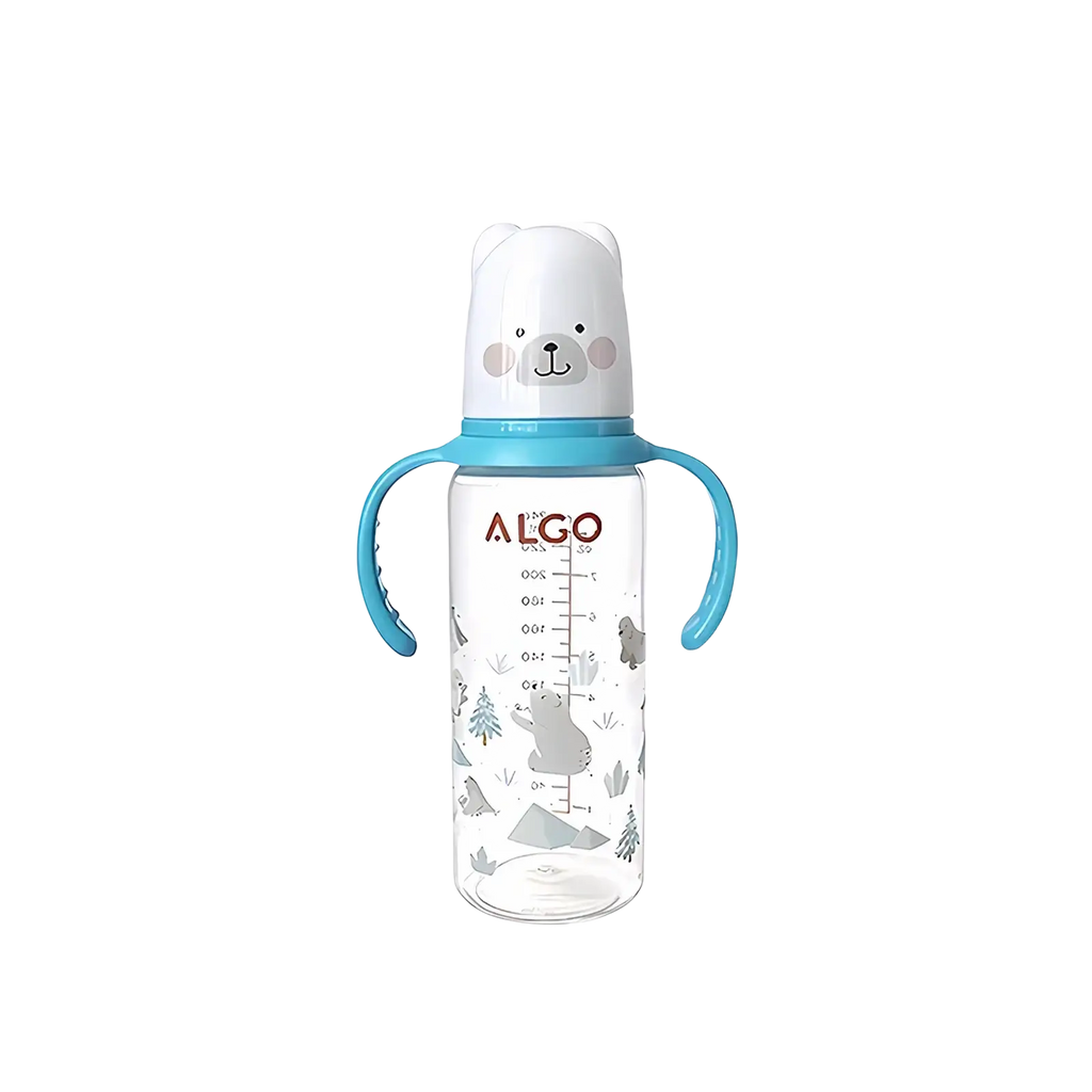 Baby bottle 240ml with clear plastic body, blue handles, and white bear-shaped lid with gray polar bear illustrations