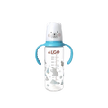 Baby bottle 240ml with clear plastic body, blue handles, and white bear-shaped lid with gray polar bear illustrations