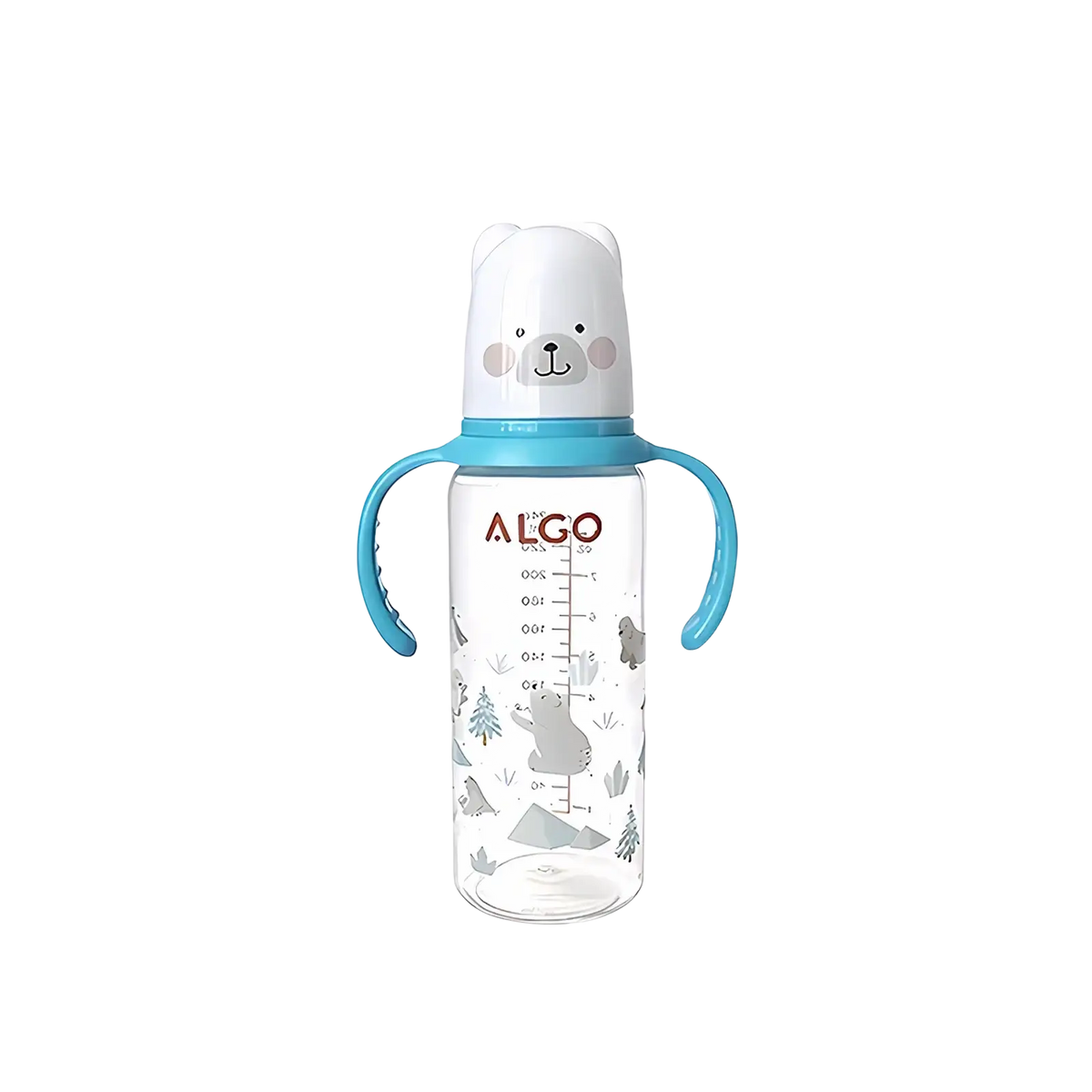 Baby bottle 240ml with clear plastic body, blue handles, and white bear-shaped lid with gray polar bear illustrations
