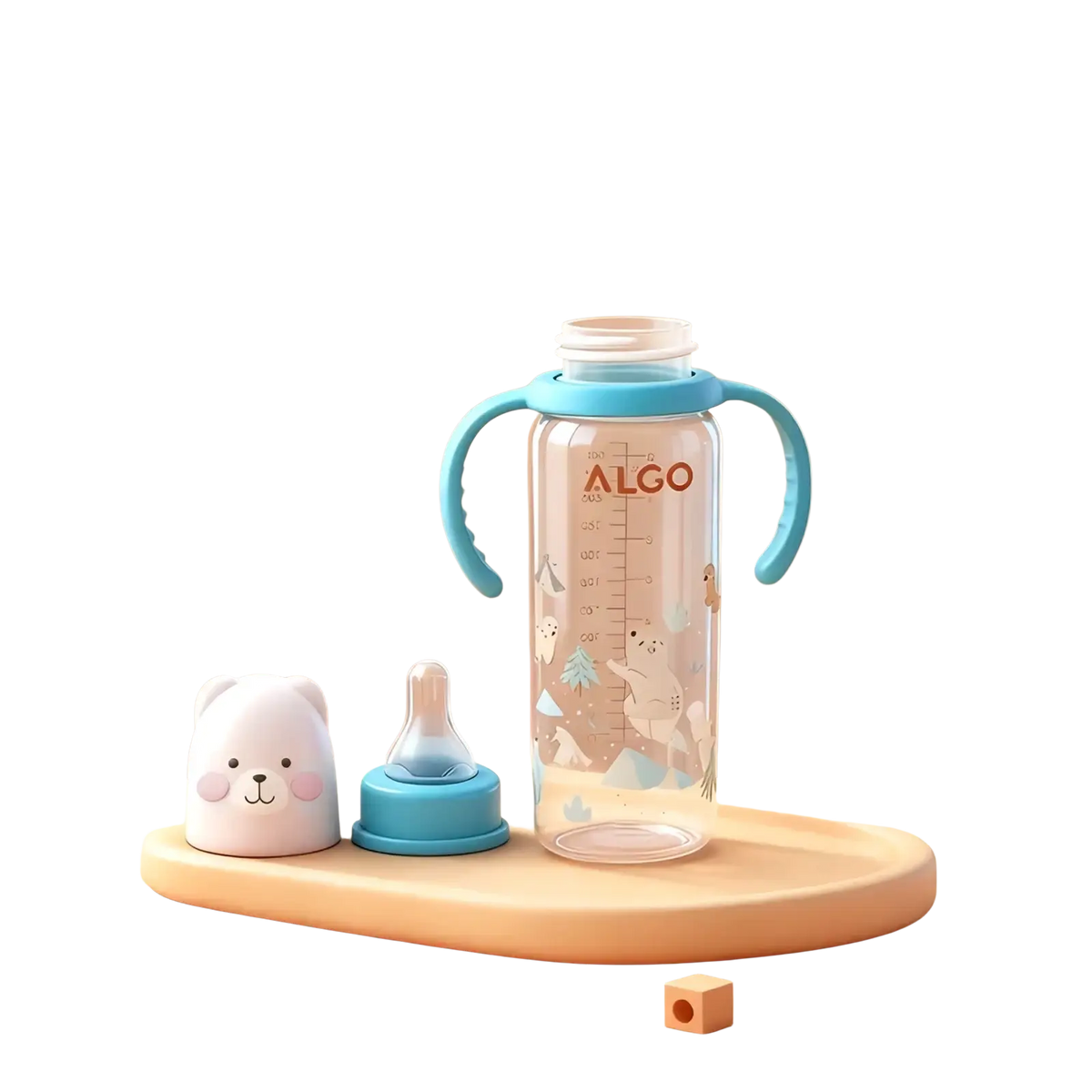 Baby bottle 240ml with handle clear plastic with light blue handles lid and polar bear illustrations on the side