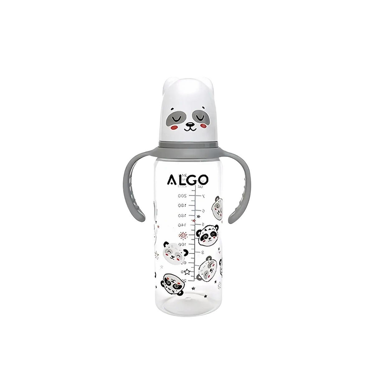 Baby bottle 240ml with gray silicone handles clear plastic body and a white panda-themed lid with panda prints