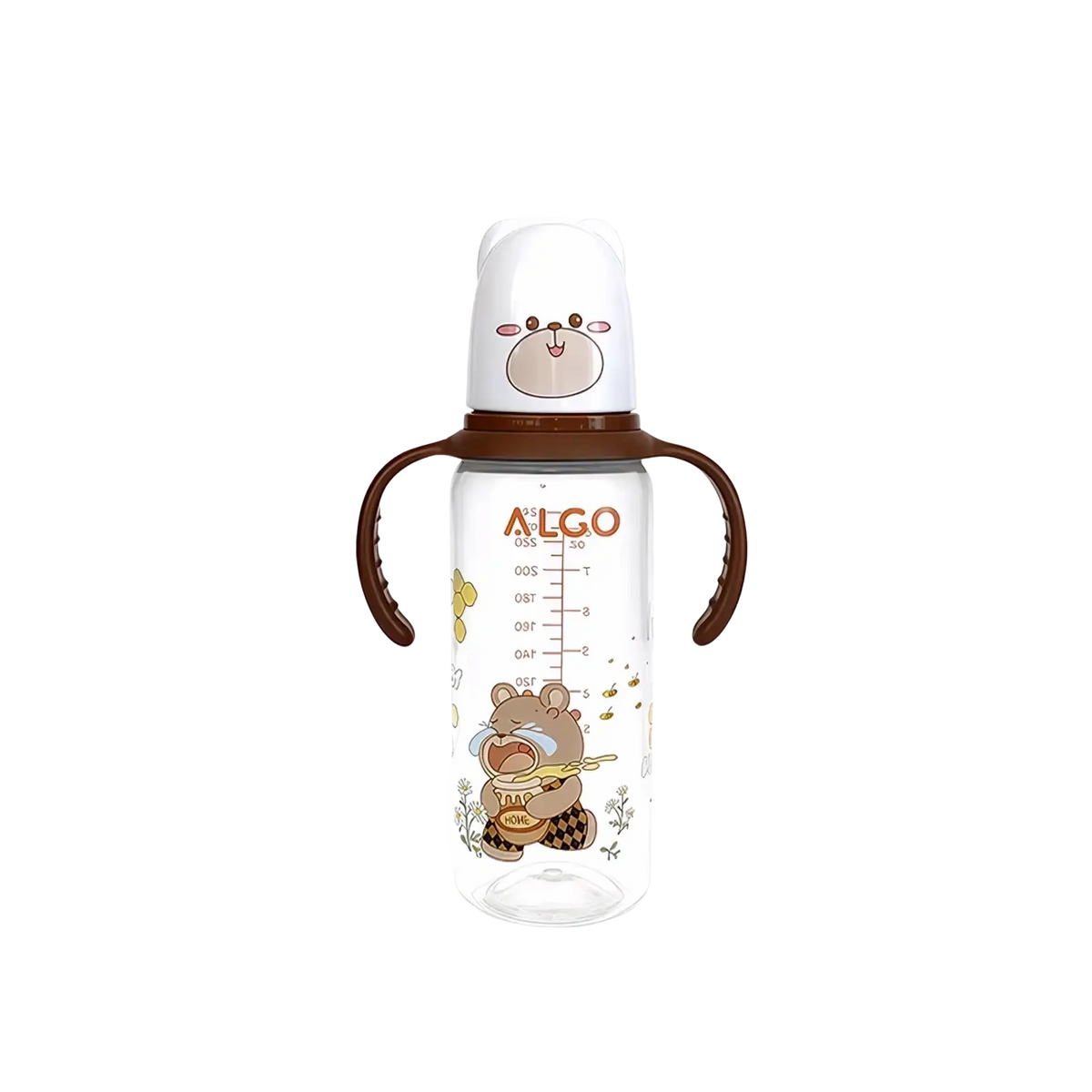 Baby bottle 240ml clear plastic with brown handles and white bear-shaped cap featuring cartoon honeybear illustrations