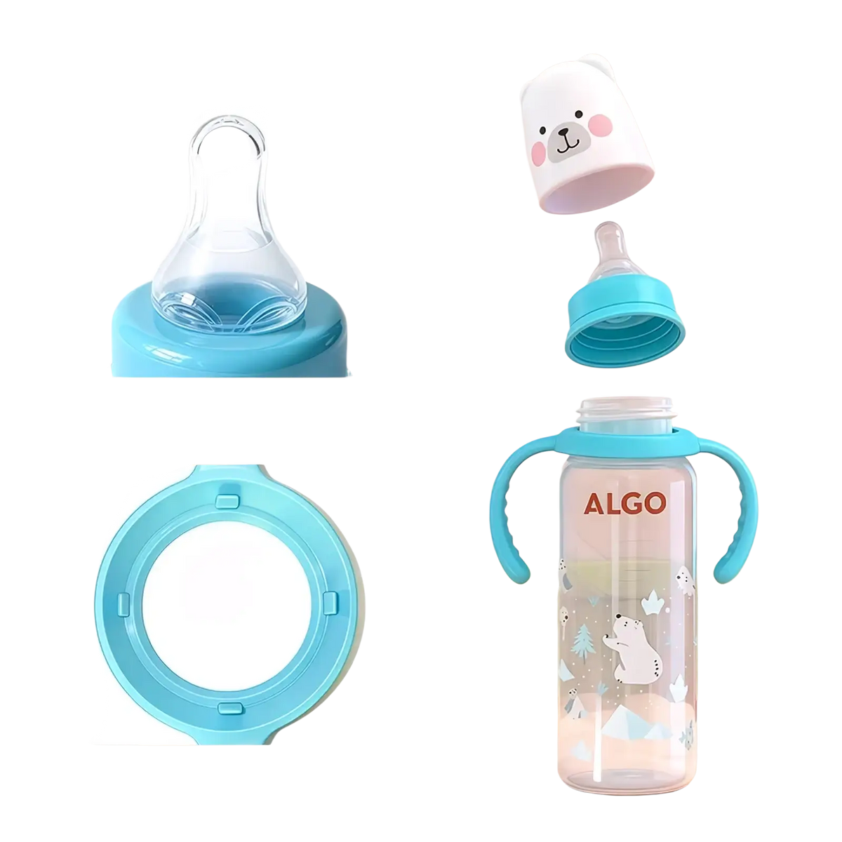 Clear plastic baby bottle 240ml with turquoise silicone handles and lid featuring white bear face by algo