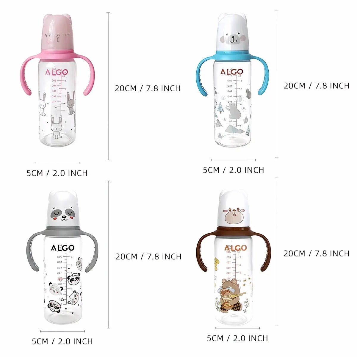Clear plastic baby bottles 240ml with handles and animal-themed caps in pink blue gray and brown for infants
