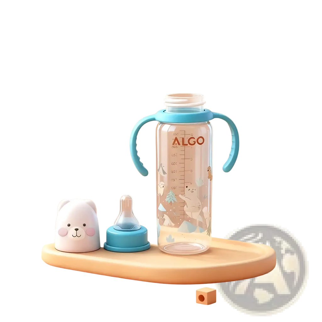 Baby bottle 240ml with handle clear plastic with light blue handles lid and polar bear illustrations on the side