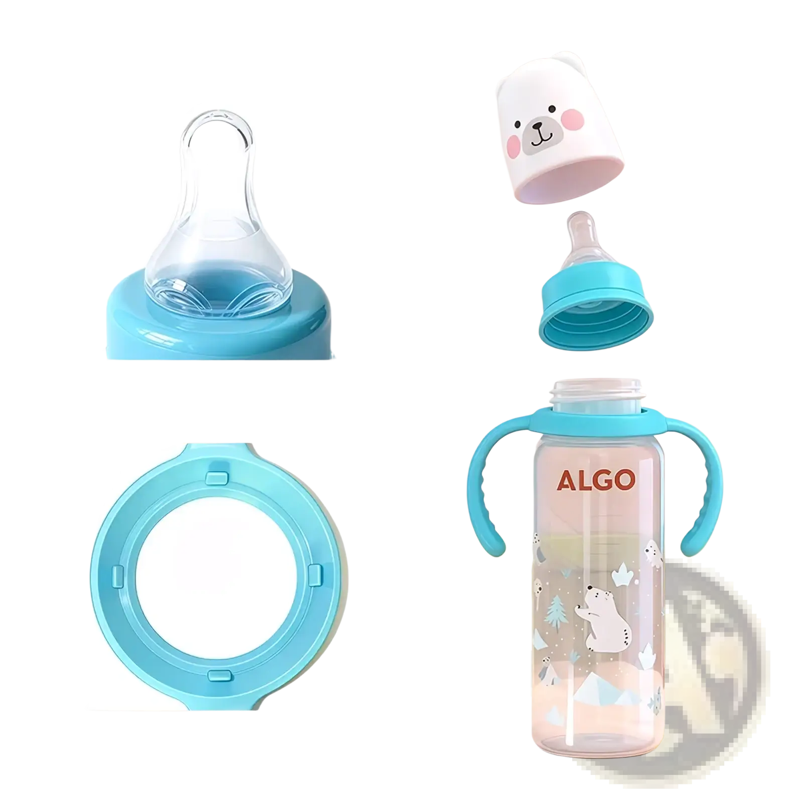 Clear plastic baby bottle 240ml with turquoise silicone handles and lid featuring white bear face by algo